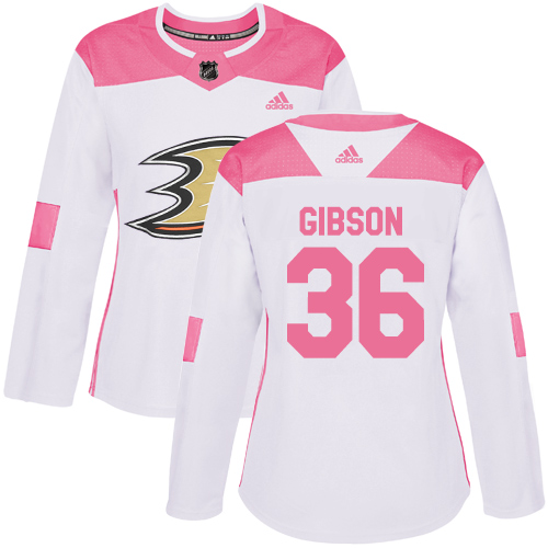 Adidas Ducks #36 John Gibson White/Pink Authentic Fashion Women's Stitched NHL Jersey - Click Image to Close